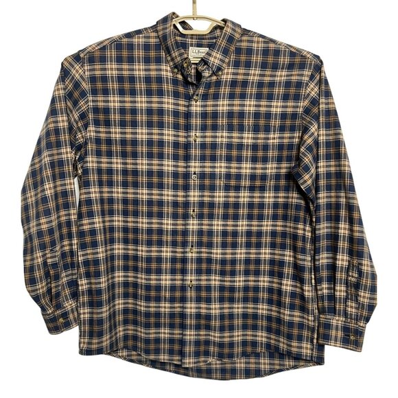 LL Bean Men's Shirt Large Button Front Blue Tan Plaid 100% Cotton LS 253770 - Picture 1 of 13